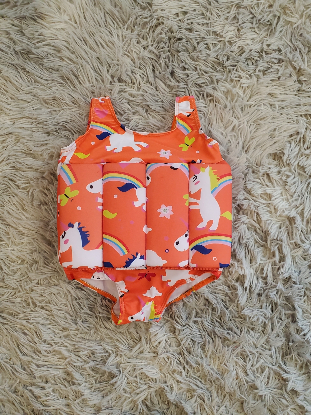 NWOT Kids Float Suit with Unicorns & Rainbows - Bright Orange